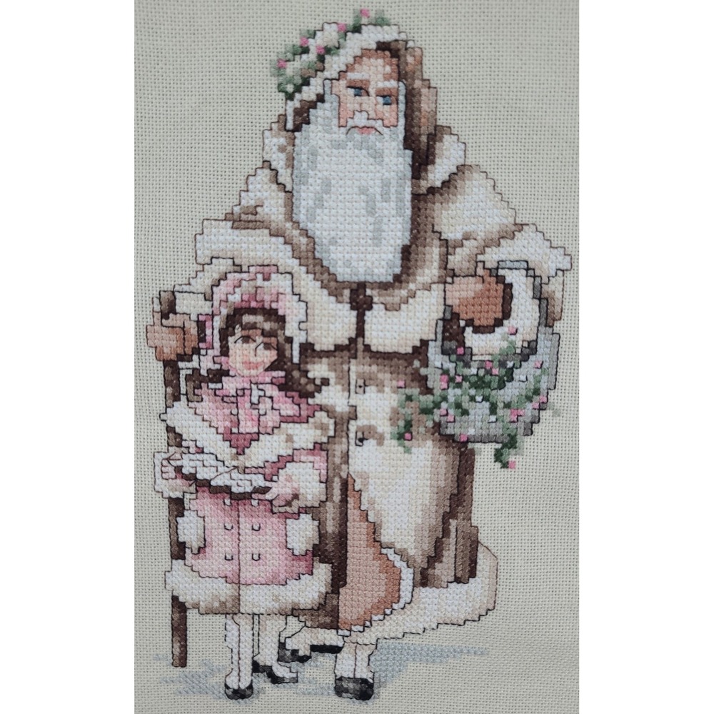 Vintage Hand Finished Cross Stitch Father Christmas Santa & Child Aida Cloth Art